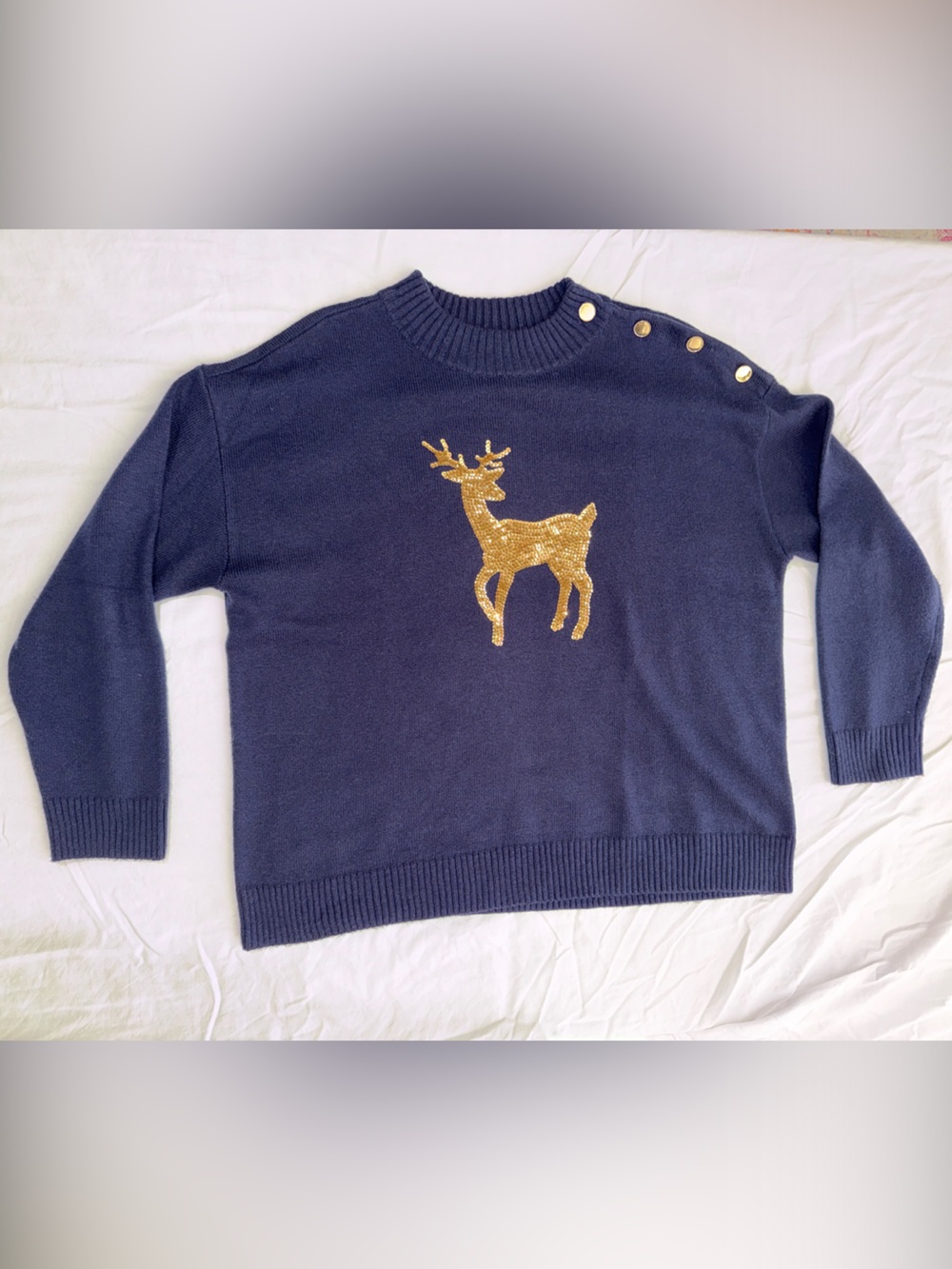 Talbots- Navy Women’s Sweater with Gold Sequin Reindeer